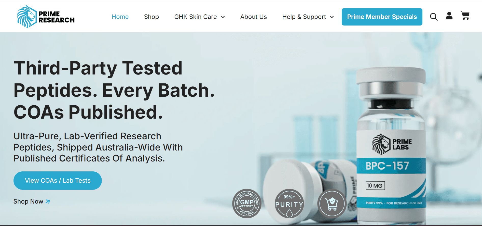 The Prime Research homepage, headlined Third-Party Tested Peptides, with lab certification badges.
